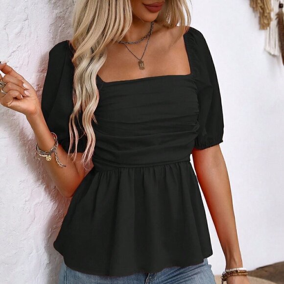 Black Casual Women's Plain Minimalist Pintucked Blouse - Picture 7 of 7